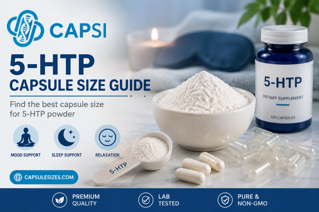 5-HTP capsule size guide with powder and empty capsules