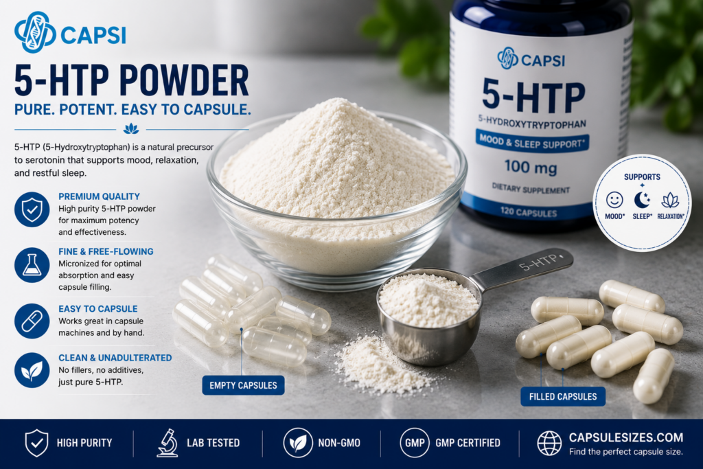 5-HTP powder with empty and filled capsules