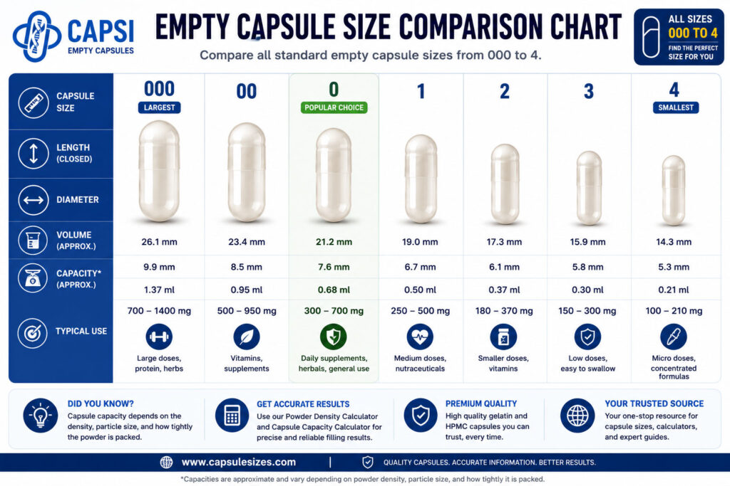 Comparison chart of empty capsule sizes including 000, 00, 0, 1, 2, 3 and 4 with volume and capacity information