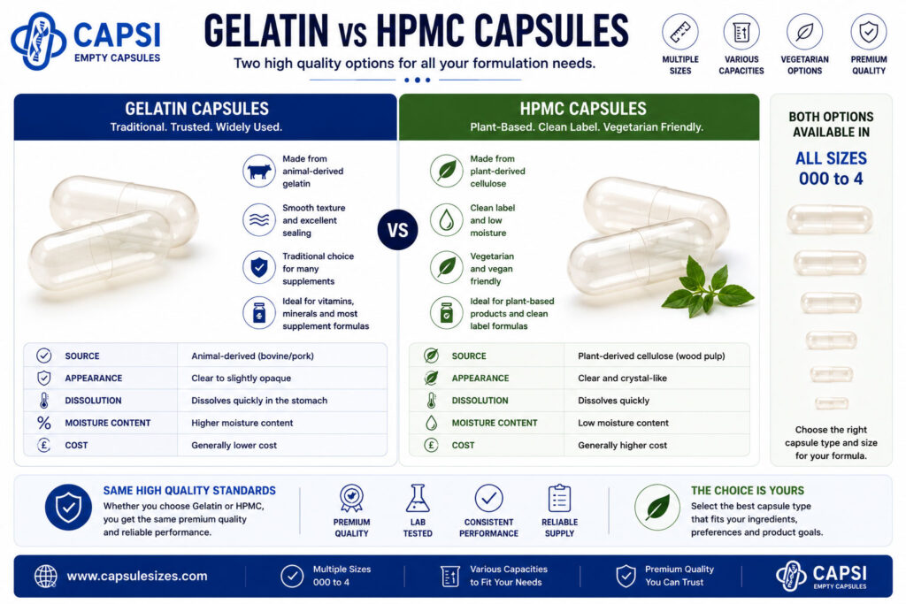 Comparison between gelatin and HPMC vegetarian empty capsules showing key differences and features