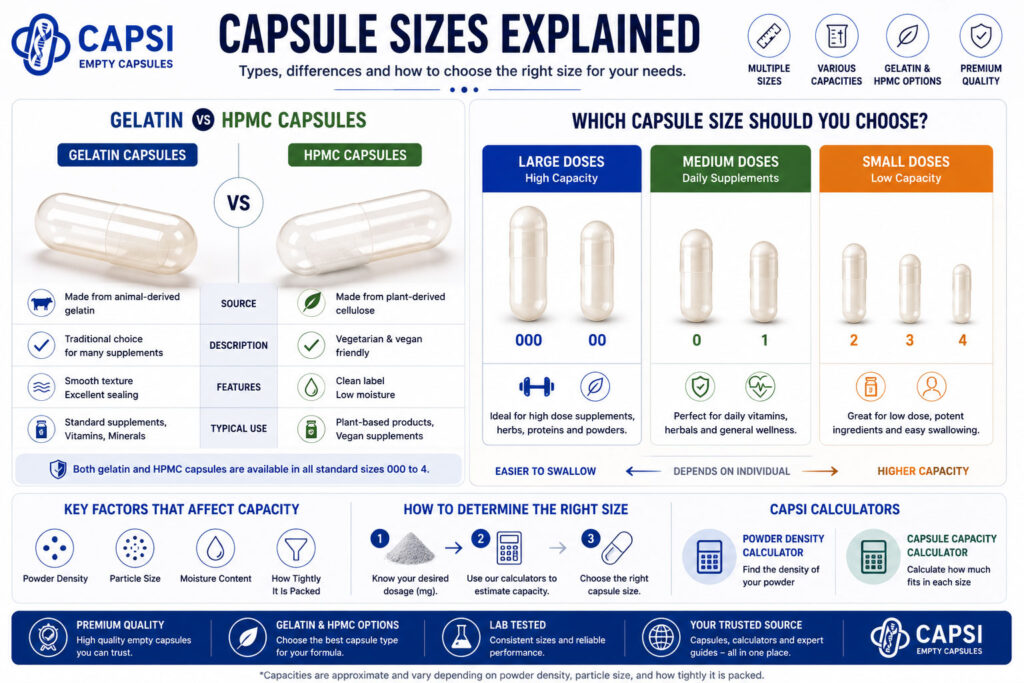 Guide explaining capsule sizes and how to choose the right empty capsule size for supplements and powders