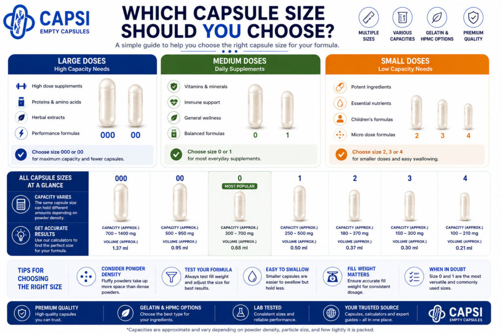 Guide showing which capsule size to choose for large, medium and small supplement doses