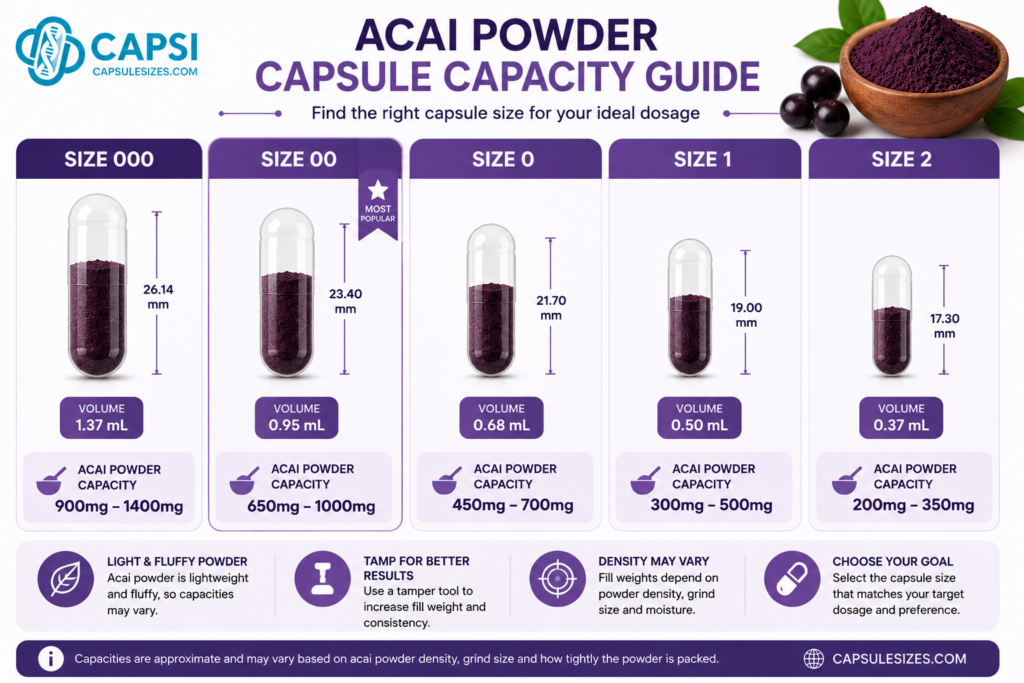 Acai powder capsule capacity infographic