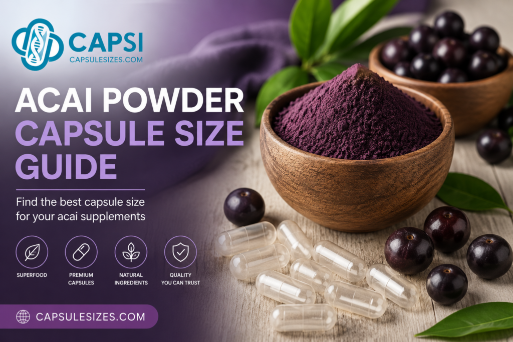 Acai powder capsule size guide with empty capsules and acai berries