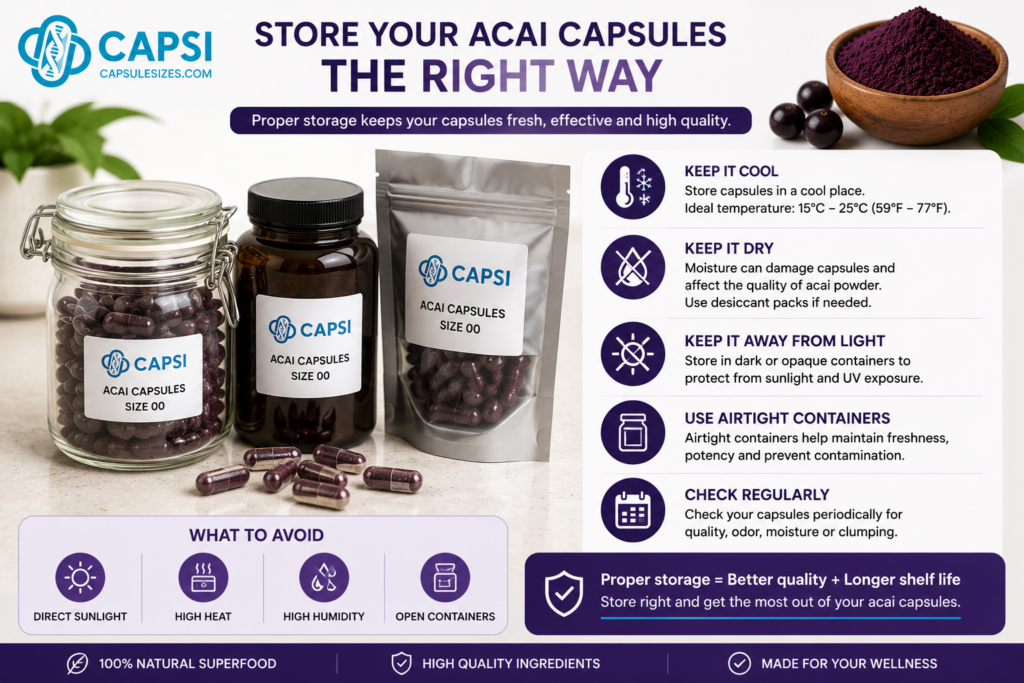 Acai capsule storage guide and moisture protection graphic