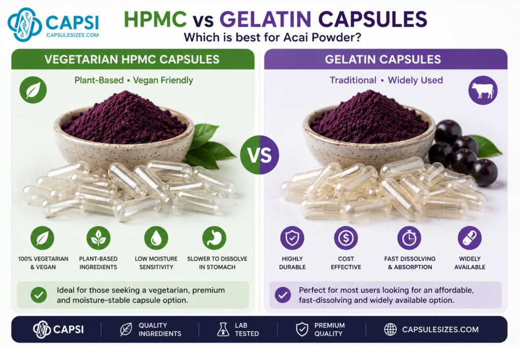 Vegetarian and gelatin capsules for acai powder