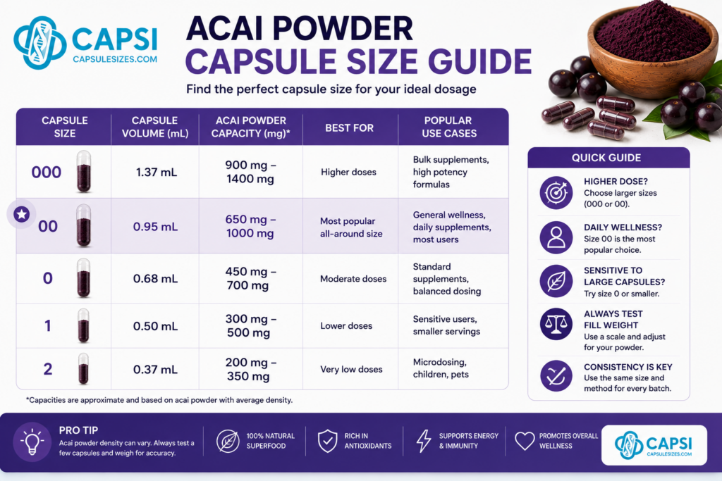 Acai capsule powder size guide overview