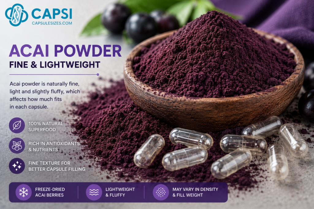 Fine acai powder beside empty capsules