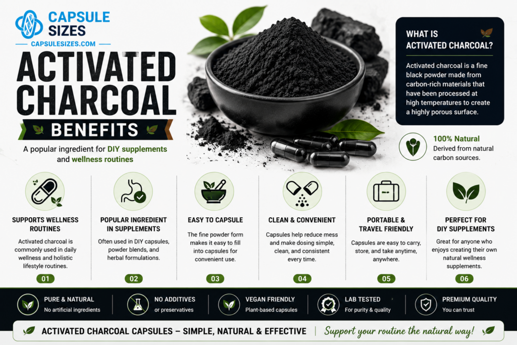 Activated charcoal powder supplement infographic