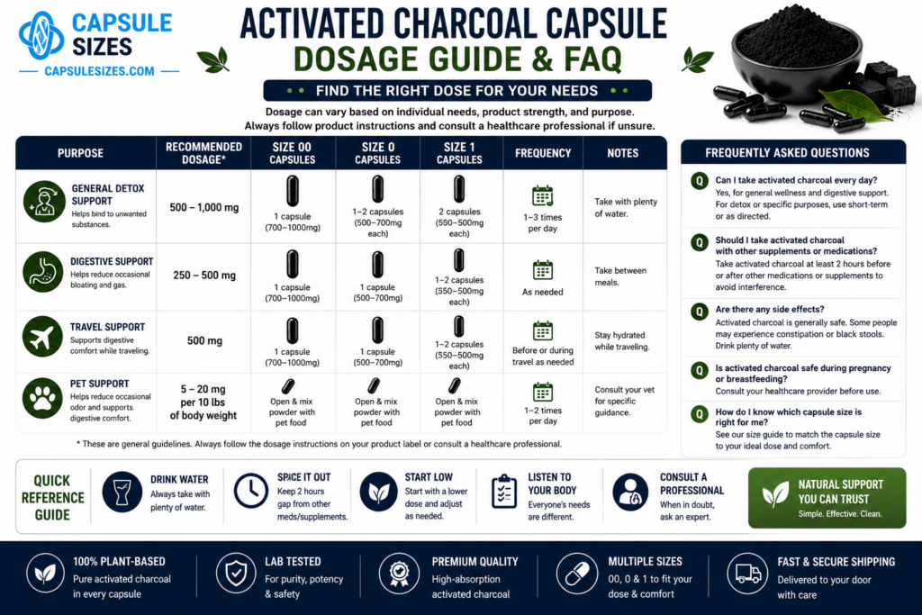 Quick guide and FAQ for activated charcoal powder capsules
