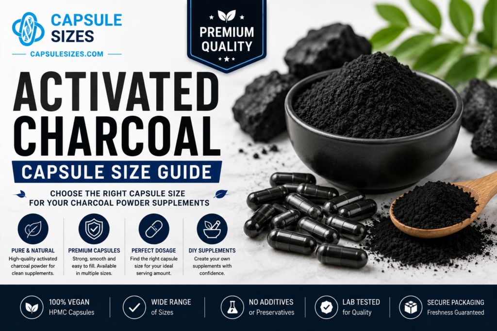 Activated charcoal capsule size guide with charcoal powder and empty capsules