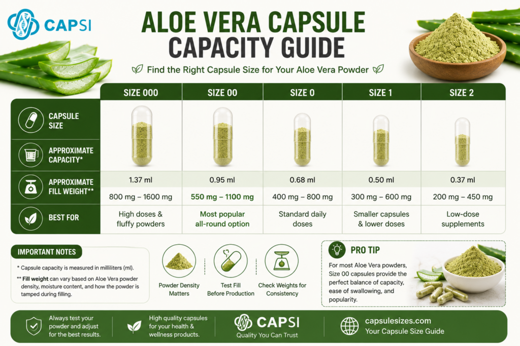 Aloe vera capsule capacity infographic