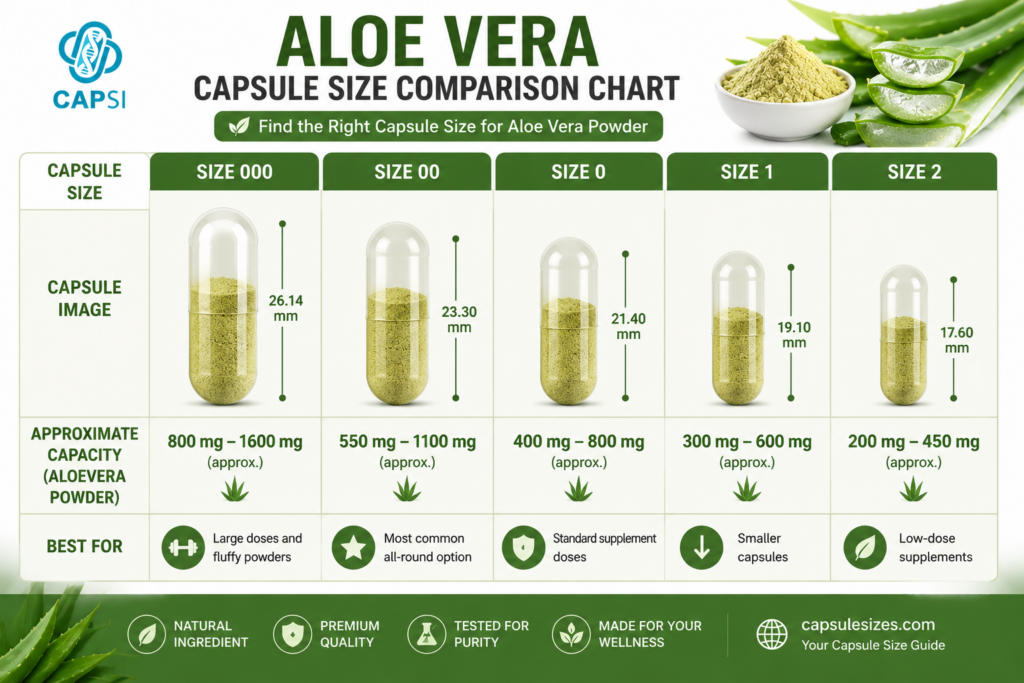 Capsule size comparison chart for aloe vera powder