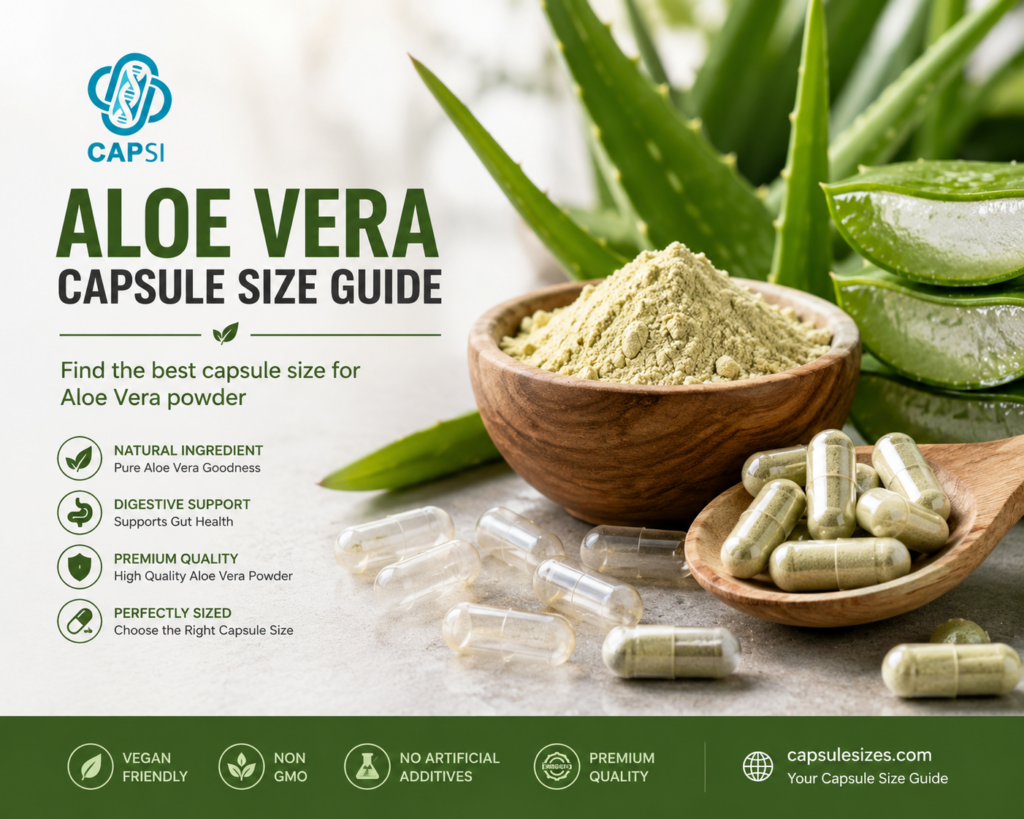 Aloe vera capsule size guide with aloe vera powder and empty capsules