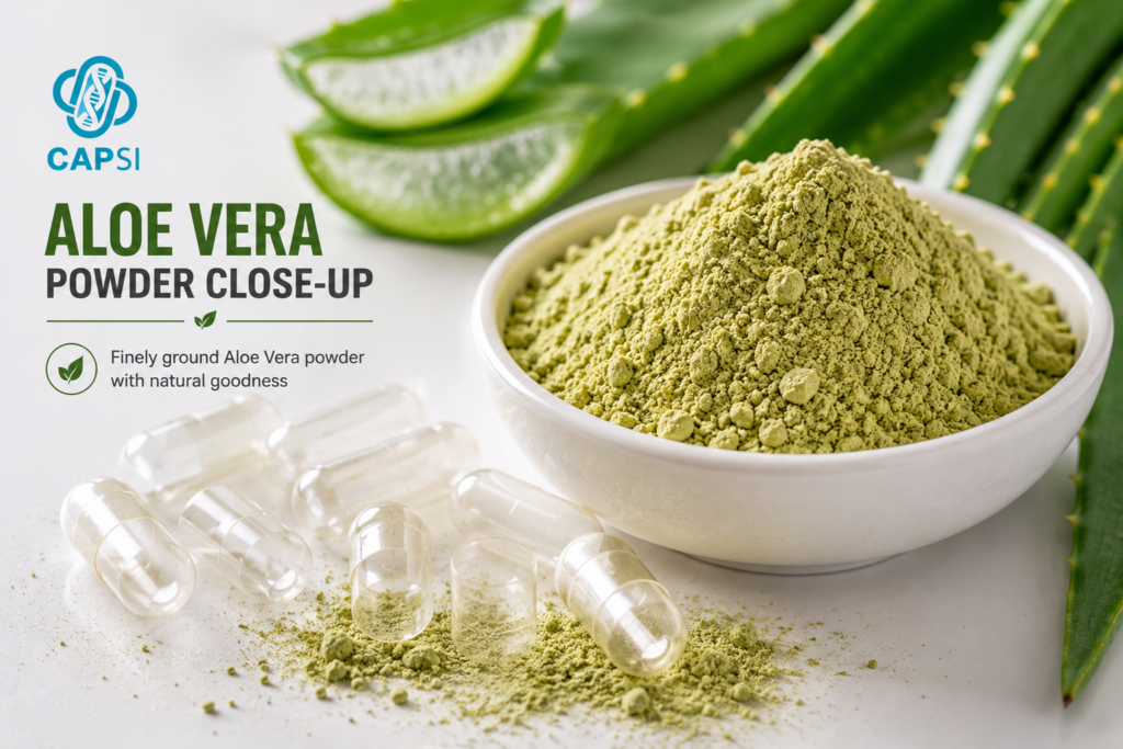 Close-up of aloe vera powder for capsules