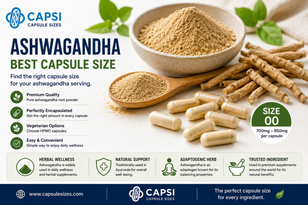 Ashwagandha powder with size 00 empty capsules by Capsi Capsule Sizes