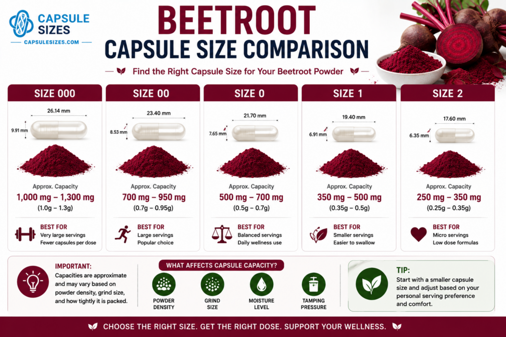 Capsule size comparison chart for beetroot powder