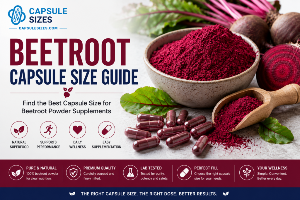 Beetroot capsule size guide with beetroot powder and capsules