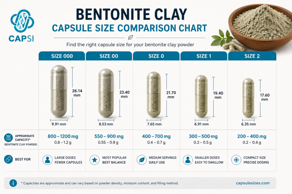 Capsule size comparison chart for bentonite clay powder