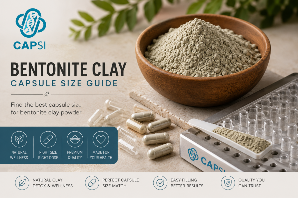 Bentonite clay powder with empty capsules and capsule size guide setup