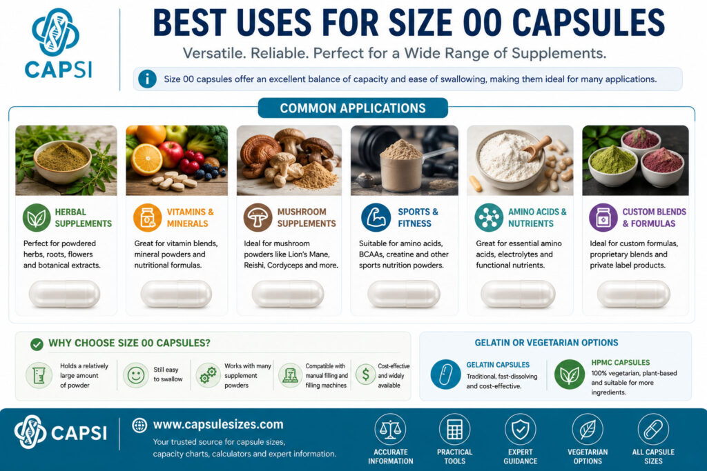 Best uses for size 00 capsules infographic showing herbs, vitamins, mushroom powders and supplement applications