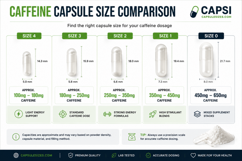 Caffeine capsule size comparison chart showing capsule capacities