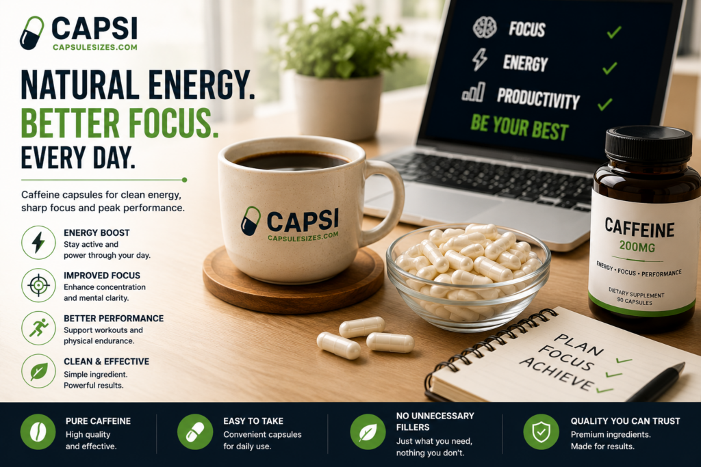 Caffeine capsules and productivity workspace