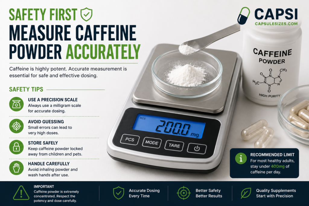 Precision scale measuring caffeine powder safely