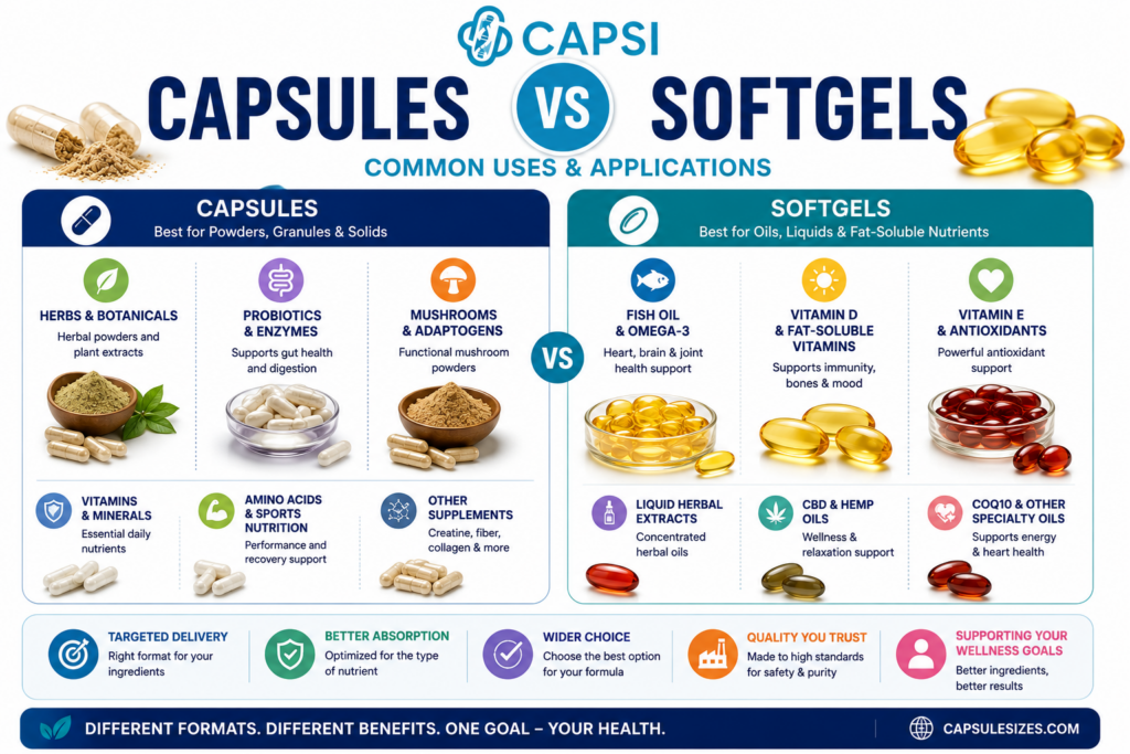 Common uses for capsules and softgels infographic