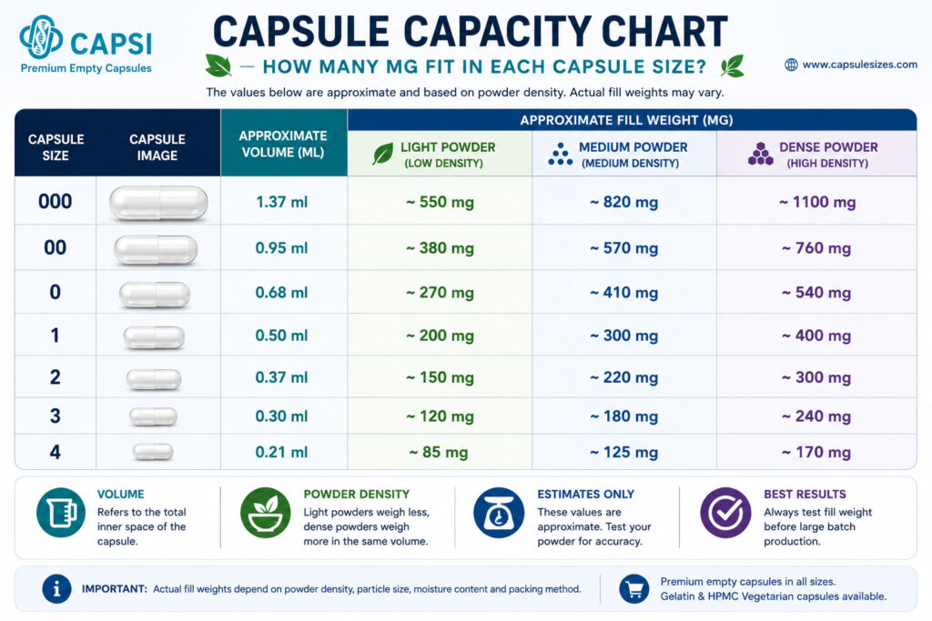 Image 1 ALT:
Capsule capacity chart infographic showing approximate mg fill weights for capsule sizes 000 to 4 based on powder density