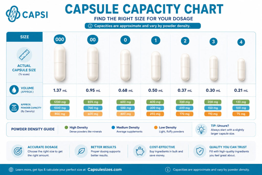 Capsule capacity chart showing empty capsule sizes, volume measurements and approximate powder capacities in mg