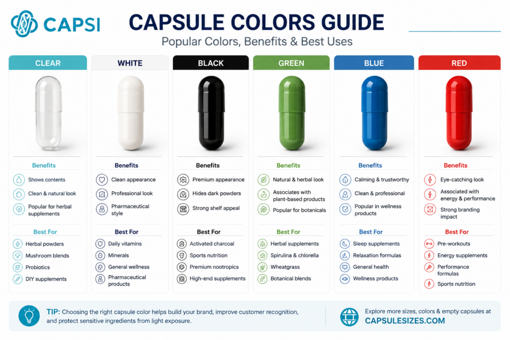 Capsule color comparison chart showing popular supplement capsule colors