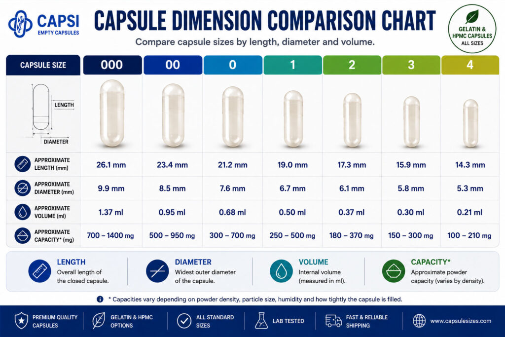 Capsule dimension comparison chart showing sizes 000 to 4