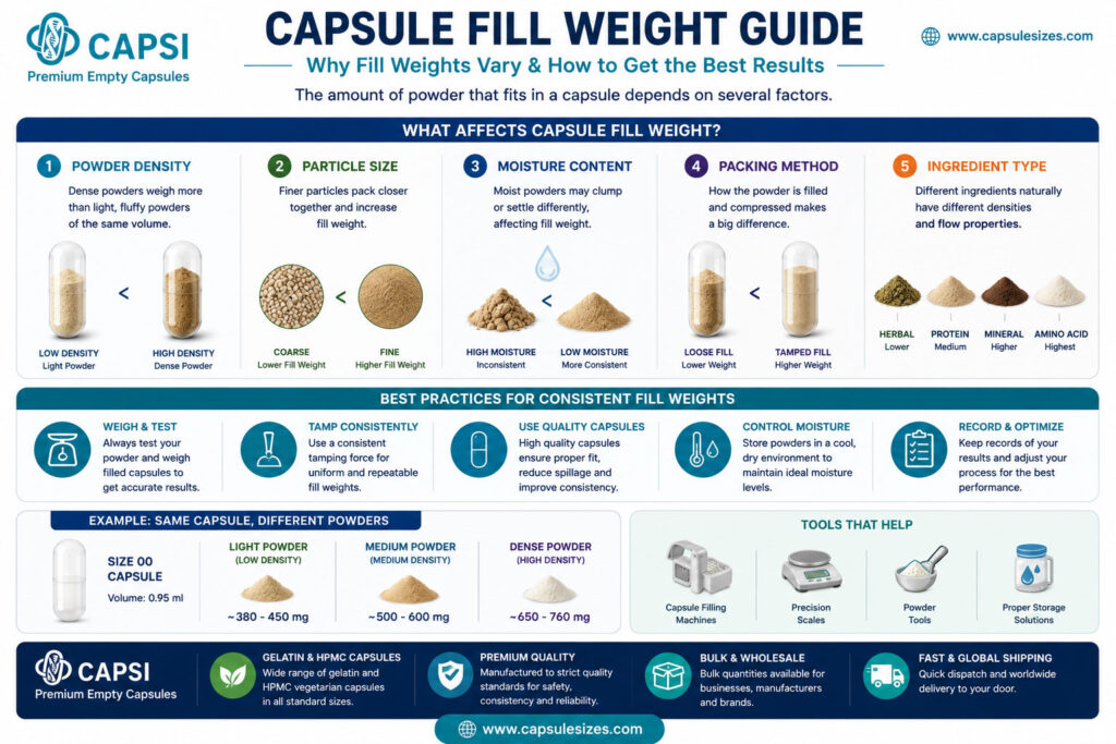 Image 4 ALT:
Capsule fill weight guide infographic explaining how powder density, moisture and particle size affect capsule fill weights