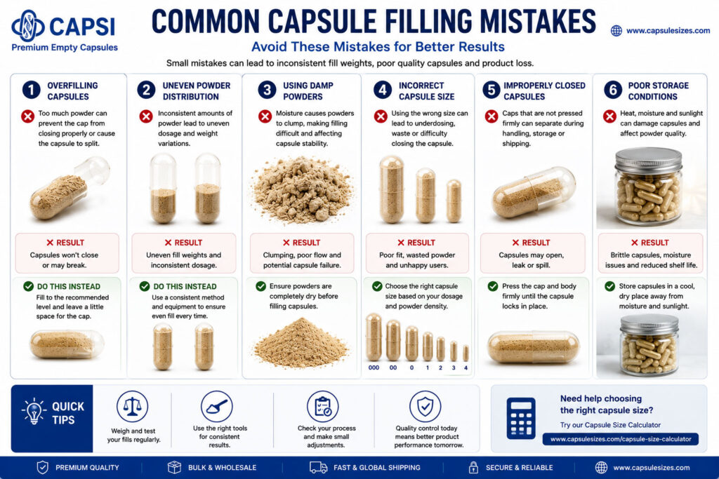 Common capsule filling mistakes infographic showing overfilling, uneven powder distribution and improper capsule storage