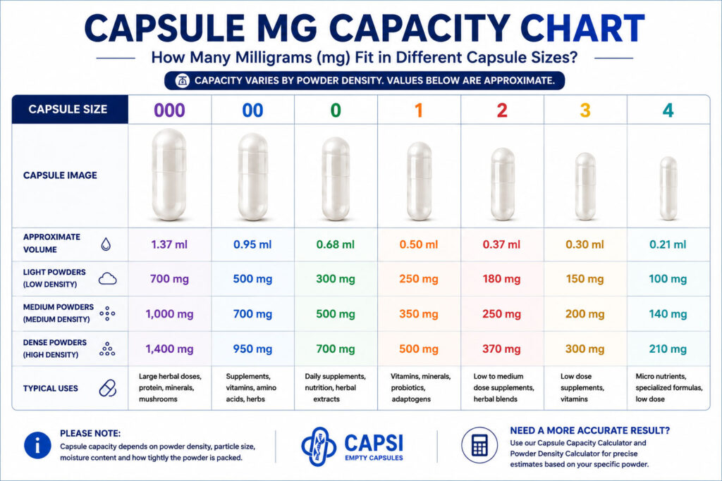 Capsule mg capacity chart for empty capsule sizes 000 to 4