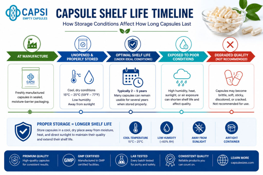 Capsule shelf life timeline showing proper storage and expiry factors
