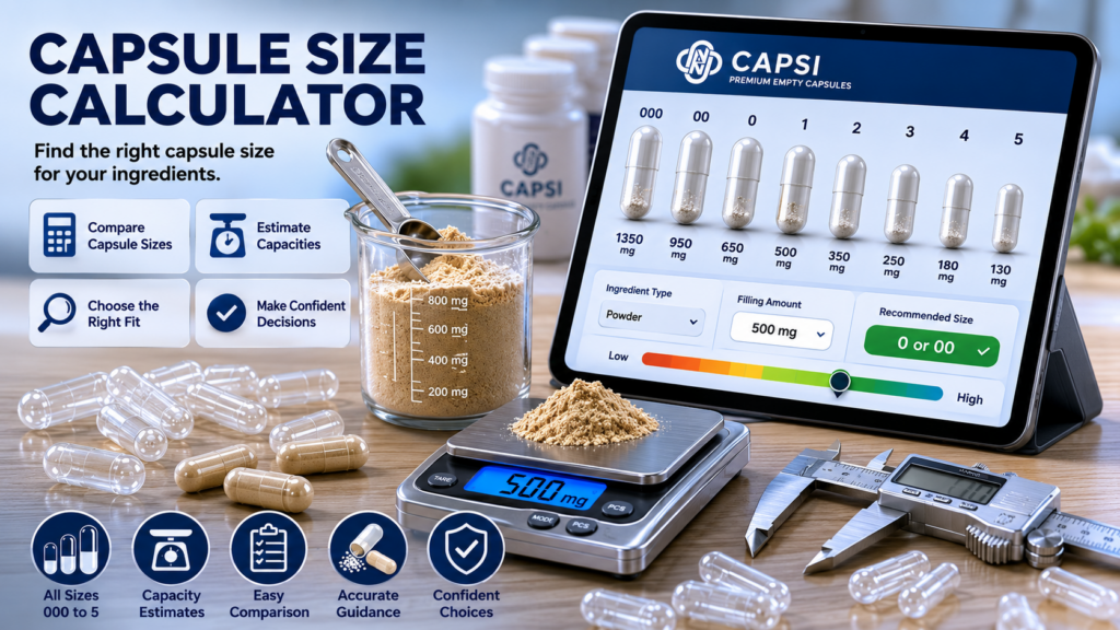 Capsule size calculator tool for empty capsules