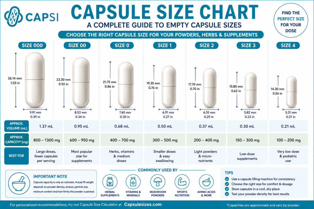 Capsule size chart showing empty capsule sizes from 000 to 4