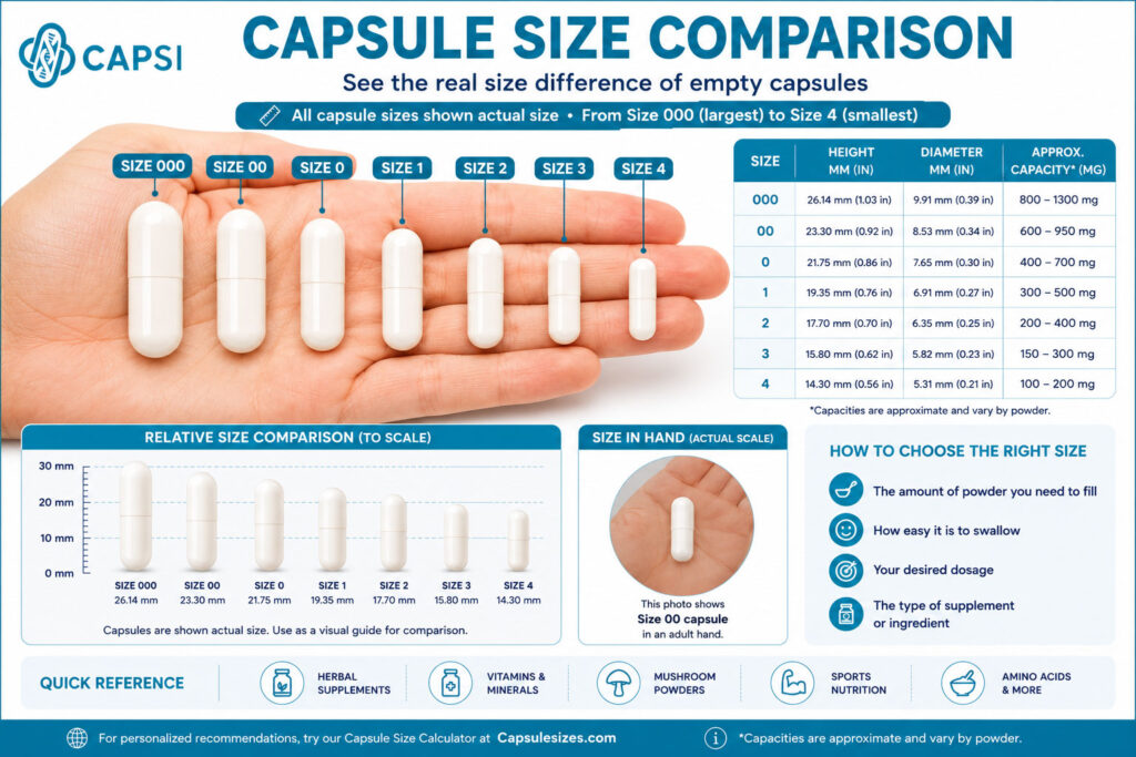 Capsule size comparison showing actual capsule sizes in hand