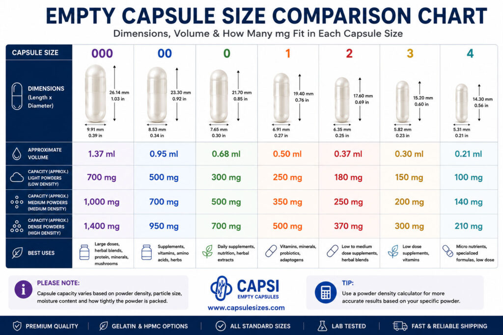 Comparison of empty capsule sizes with dimensions and capacities