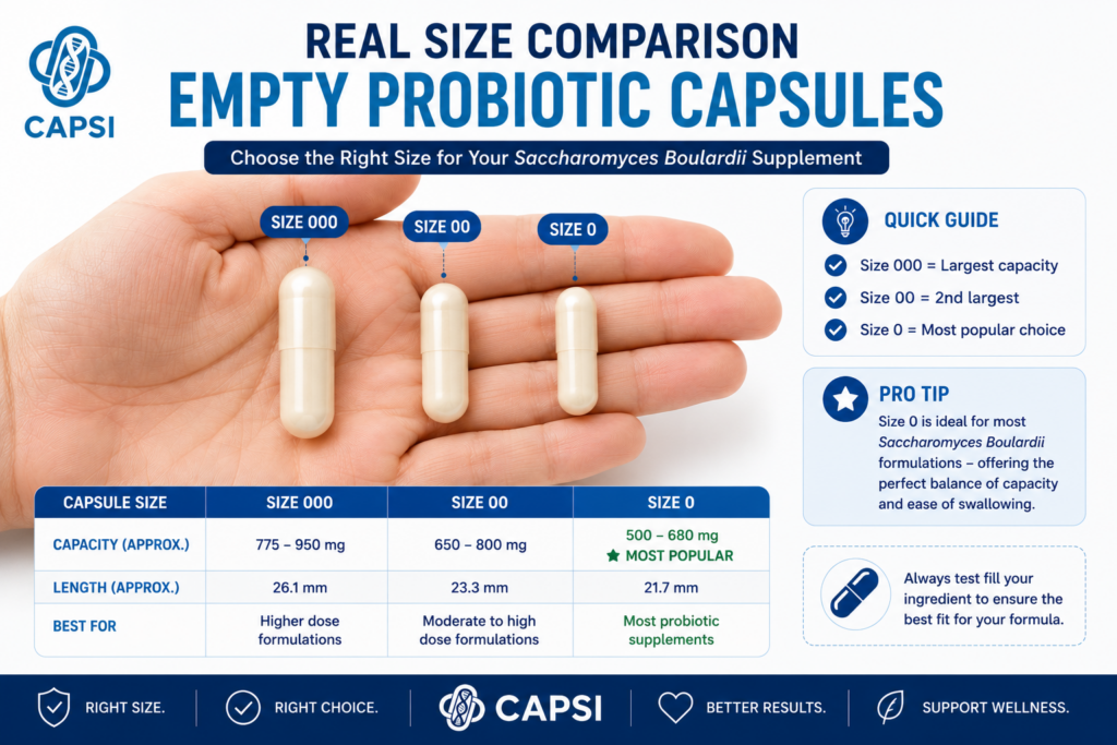 Real size comparison of empty probiotic capsules