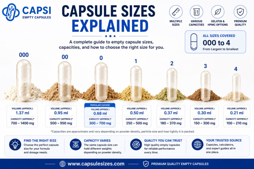 Capsule sizes explained guide showing empty capsule sizes from 000 to 4 with capacities and dimensions