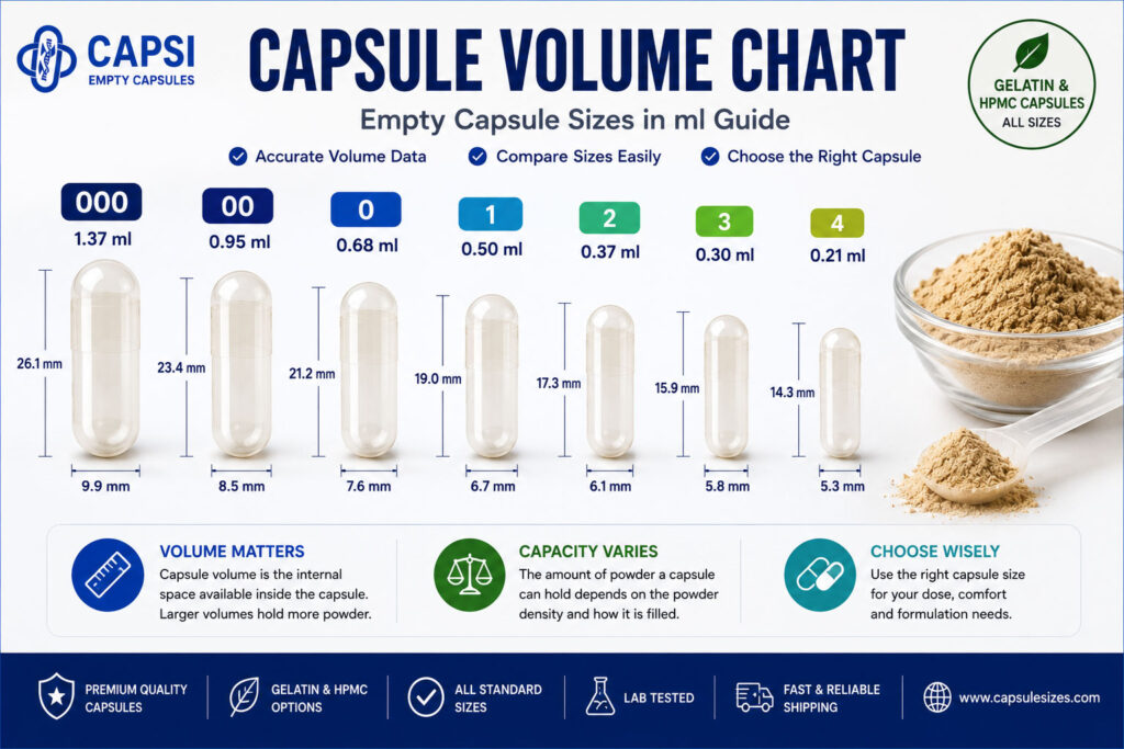 Capsule volume chart showing empty capsule sizes and capacities