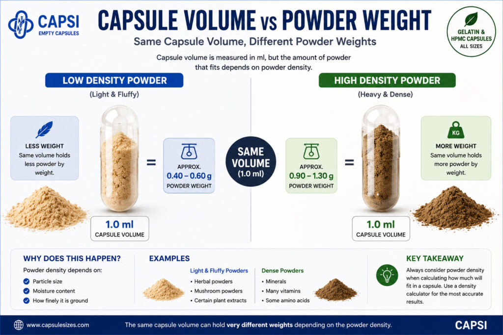 Comparison of capsule volume and powder weight by powder density
