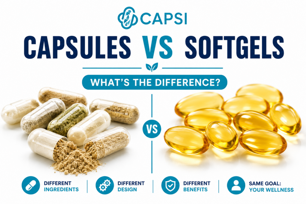 Capsules vs softgels comparison with CAPSI branding
