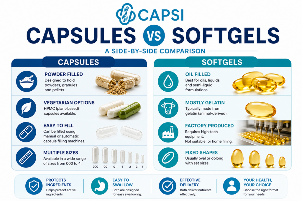 Capsules and softgels comparison chart infographic