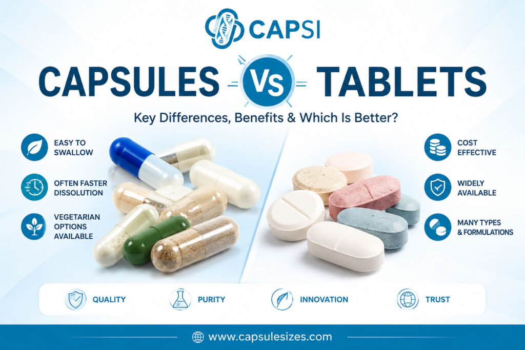 Comparison between capsules and tablets for supplements and vitamins