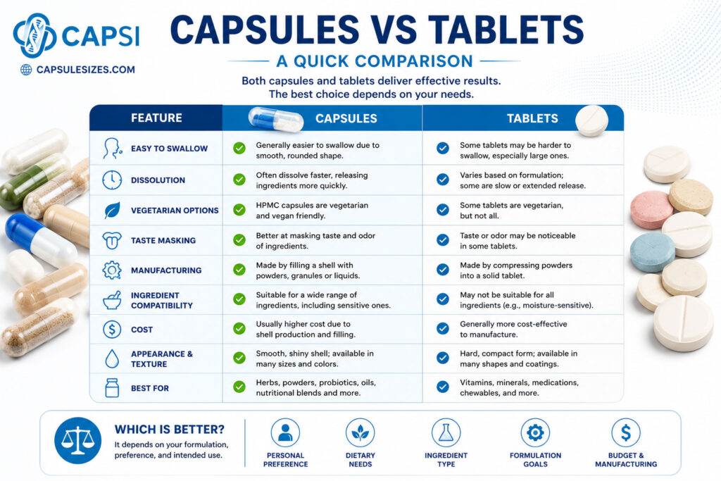 Comparison chart showing differences between capsules and tablets