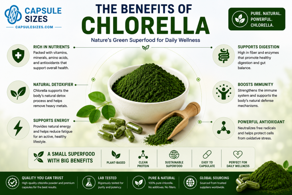 Chlorella powder supplement benefits infographic